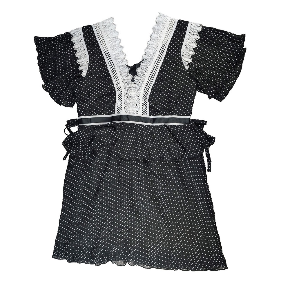Haute Rogue M Polka Dot Mini Lace Pleated Dress Lined Short Sleeve Zip NEW